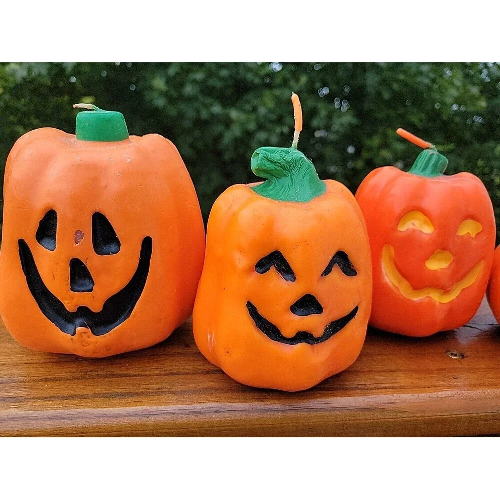 Lot of 4 Vintage Jack o Lantern Halloween Candle Pumpkin Goofy  Kitschy FLAW
